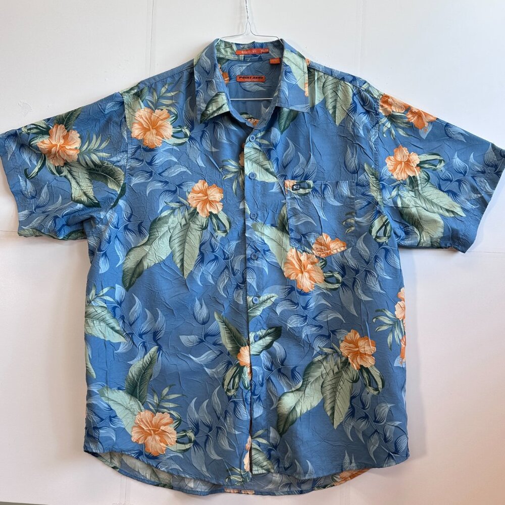 Vintage 90s-Y2K Point Zero Orange Label Hawaiian Shirt XL Blue Floral Hibiscus - Picture 2 of 7